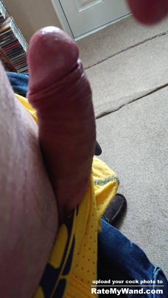 Me semi curved Cock popping up in my sexy yellow pants - Rate My Wand